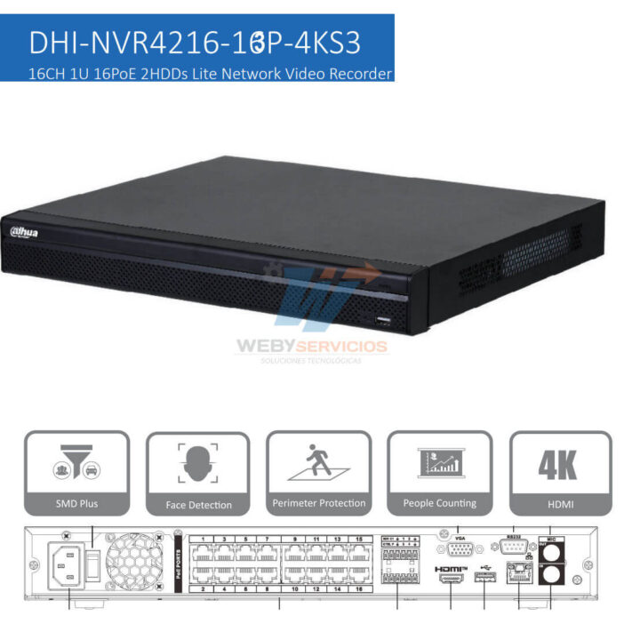 Grabador nvr DAHUA DHI NVR4216 16P 4KS3