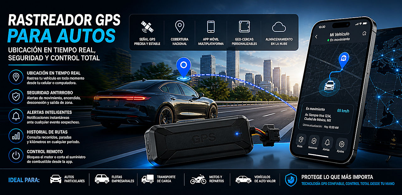 Rastreador GPS para autos con monitoreo en tiempo real, alertas y control desde aplicación móvil